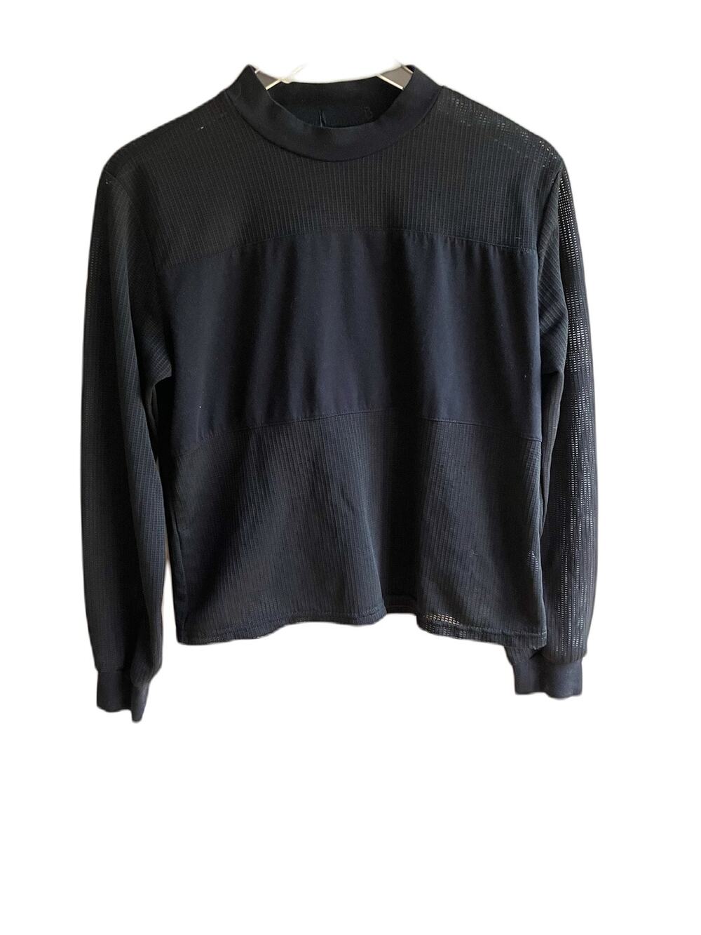 Black Mesh Mockneck Top Size L Long Sleeves Sheer Panels Lightweight Pullover